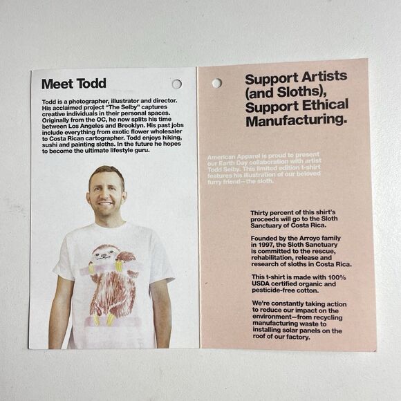 American Apparel Buttercup Sloth Costa Rica Ethical T-Shirt Top Shirt Mens Large - Picture 7 of 8